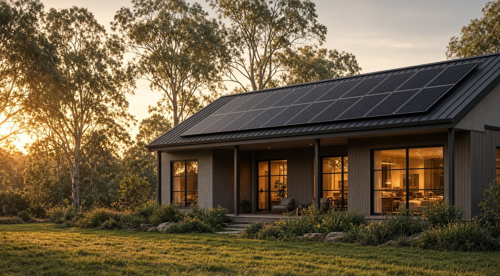 Rooftop solar array on a regional Victorian home at golden hour